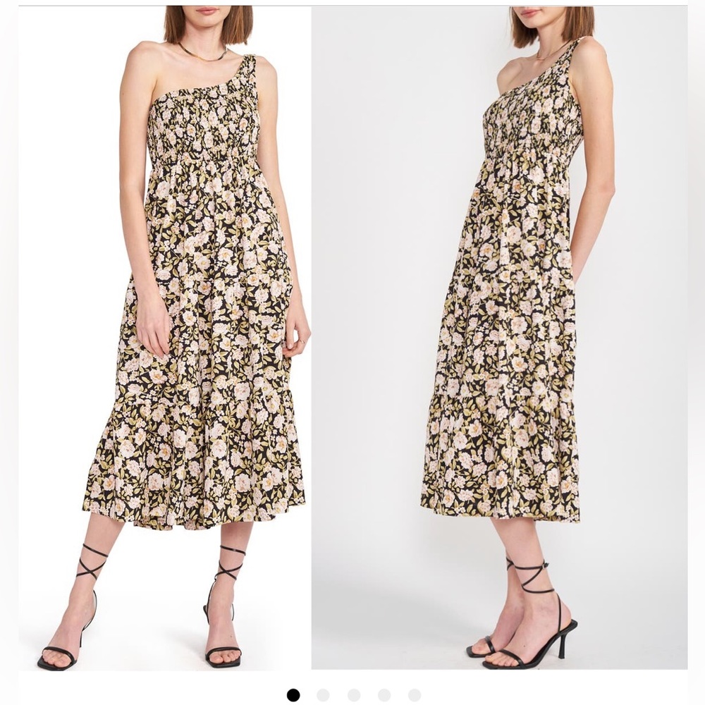 En Saison Floral One-Shoulder Midi Dress - Black and Cream